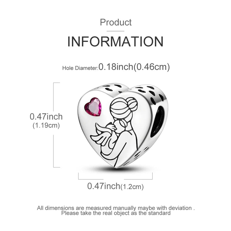 A sterling silver heart-shaped charm with a stylized figure inside, used as a moon charm bracelet.