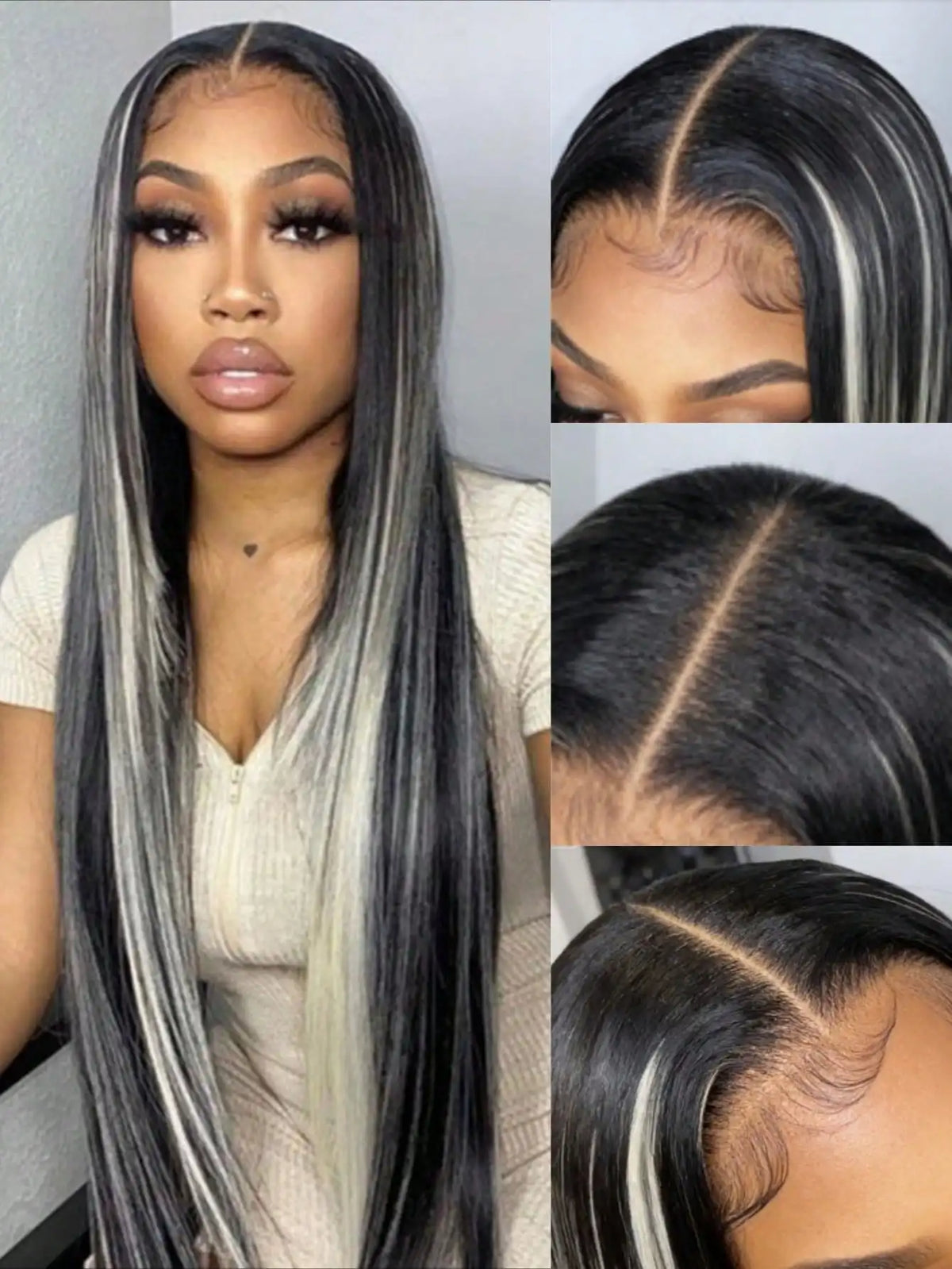 A woman models a long straight lace front wig with black and white highlights