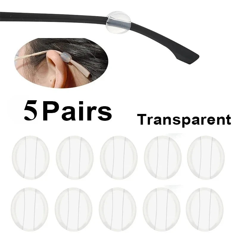Five pairs of transparent silicone ear hooks designed to hold glasses.