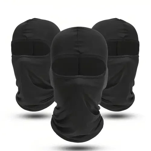 A set of three black quick-dry balaclavas for sports and outdoor activities.