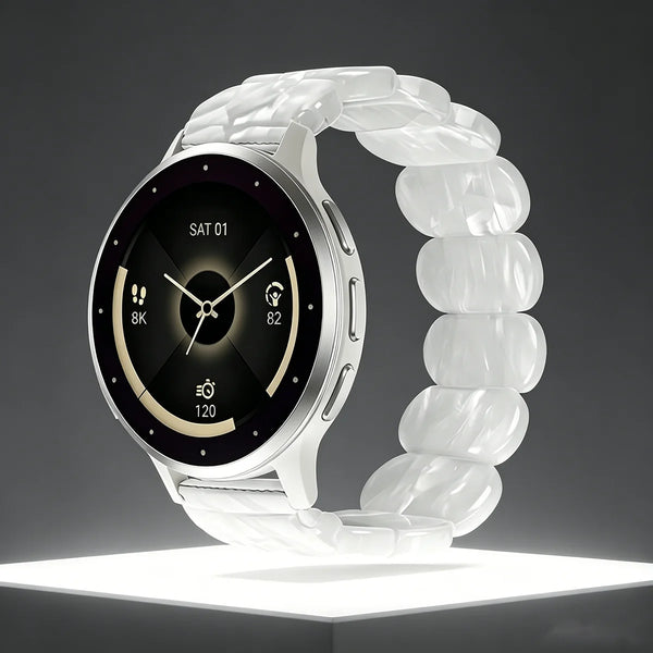 A white resin watch band is displayed on a watch, featuring a black face with digital metrics.
