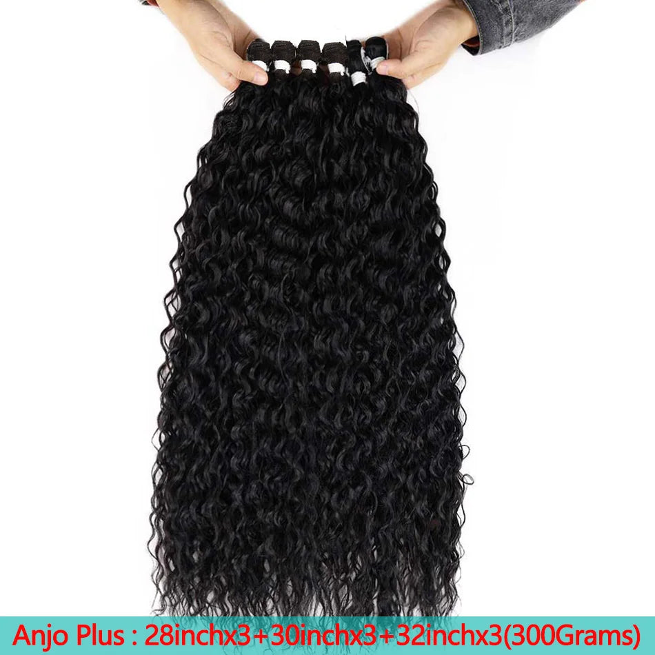 A bundle of long black curly hair extensions being held above a person's head.