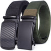 A black tactical canvas utility belt with a dark green nylon strap and a tan accent piece.
