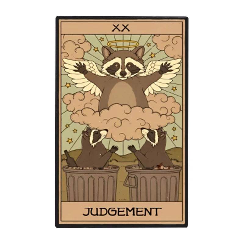 A tarot card depicting a fox spirit with wings surrounded by clouds and two figures in pots, labeled Judgment.