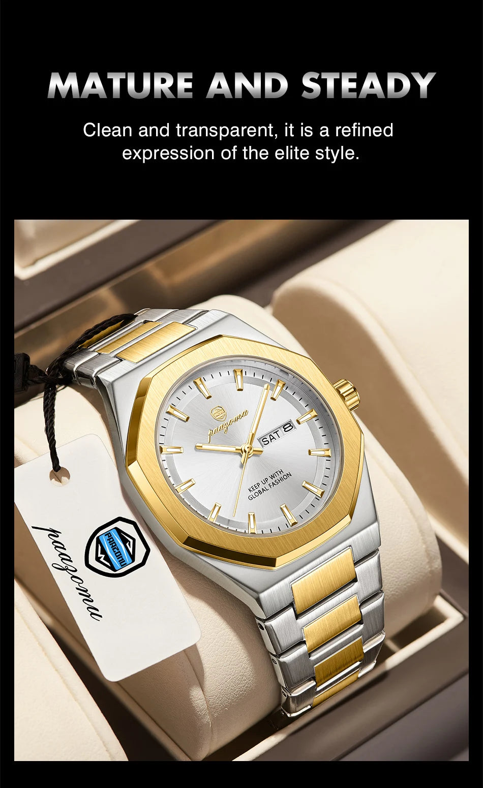 A silver and gold-toned watch with a leather strap is displayed in a box, emphasizing a mature and steady style.