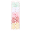A vertical display of ten pastel colored ribbon bow hair clips for kids in various shades of mint green, white, pink, and yel