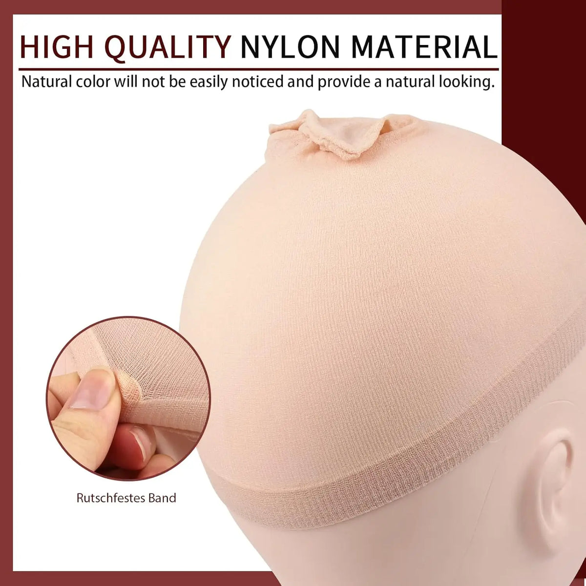 A close-up of a light pink nylon material wig cap showing its texture and stitching.