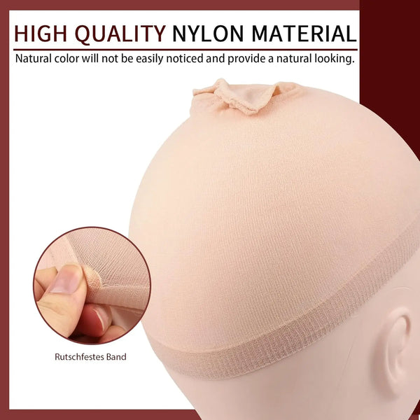 A close-up of a light pink nylon material wig cap showing its texture and stitching.