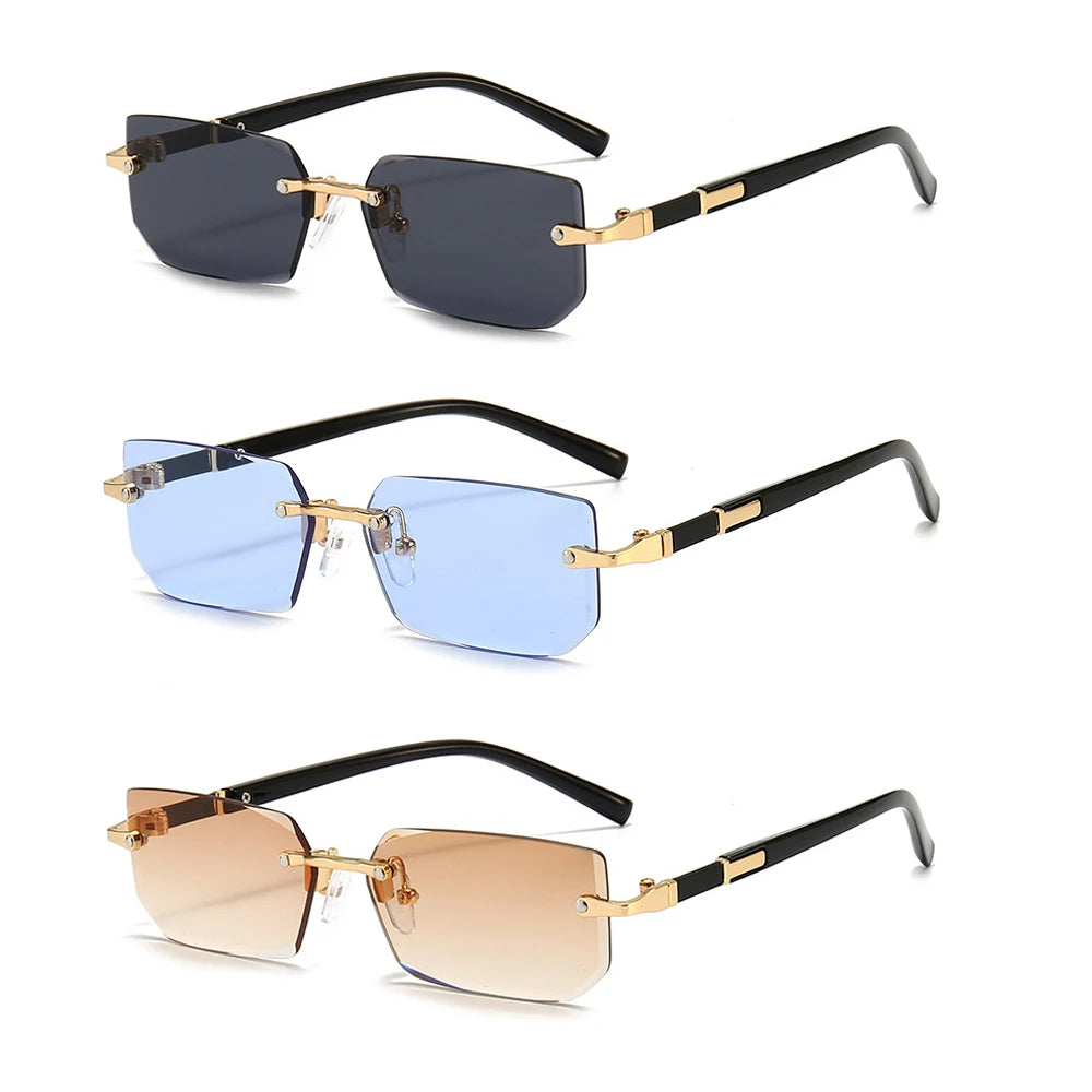 Rimless rectangle sunglasses in black, blue, and gold frames shown from the side.