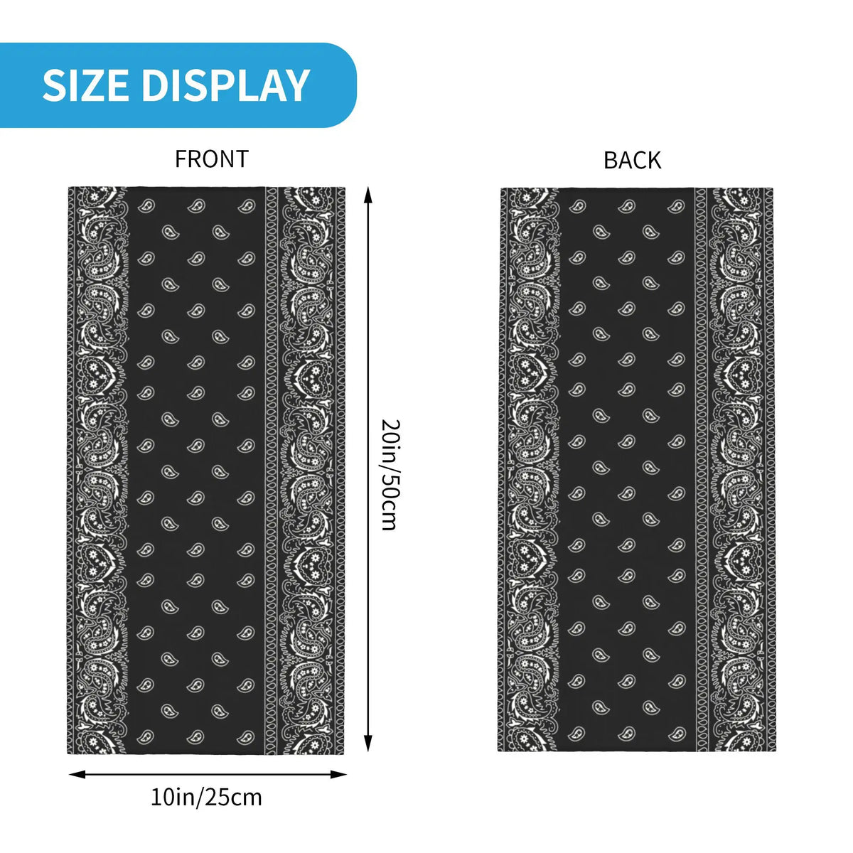 Vista frontal y trasera de una bandana con cuello tipo gaiter chicano de paisley negro con detalles blancos