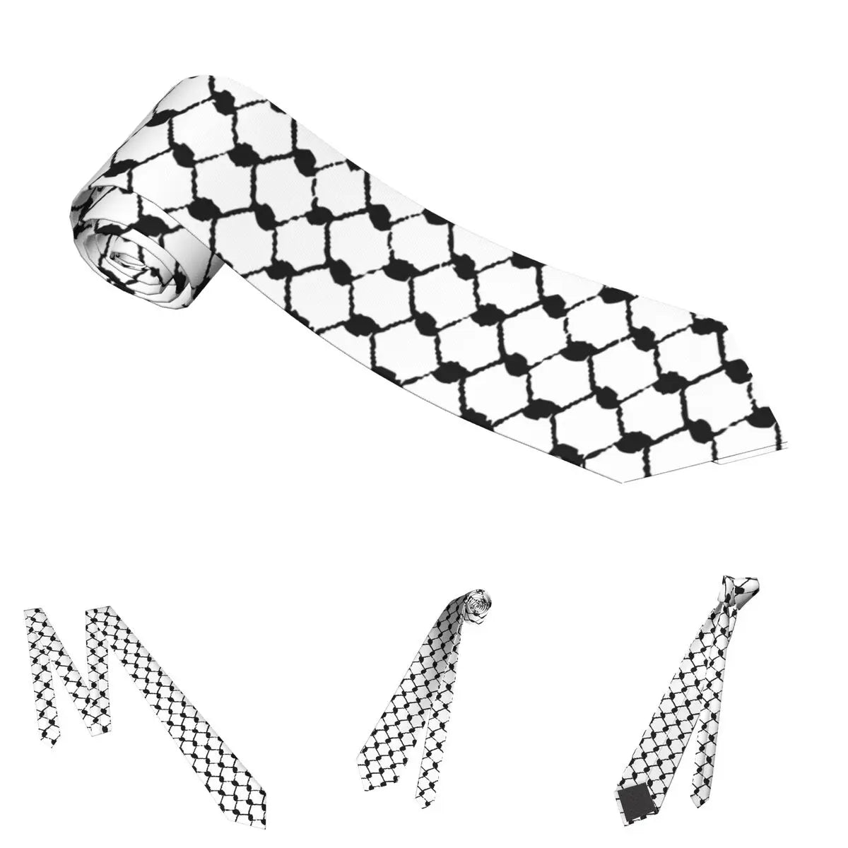 A roll of traditional Arabic Keffiyeh pattern neck tie with a repeating diamond mesh design.