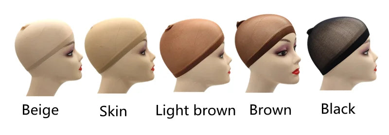 A row of five models wearing different colored stretch mesh wig nets or caps: beige, skin, light brown, brown, and black.