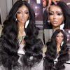A close-up of a black Peruvian Body Wave HD Lace Front wig displayed on a mannequin.