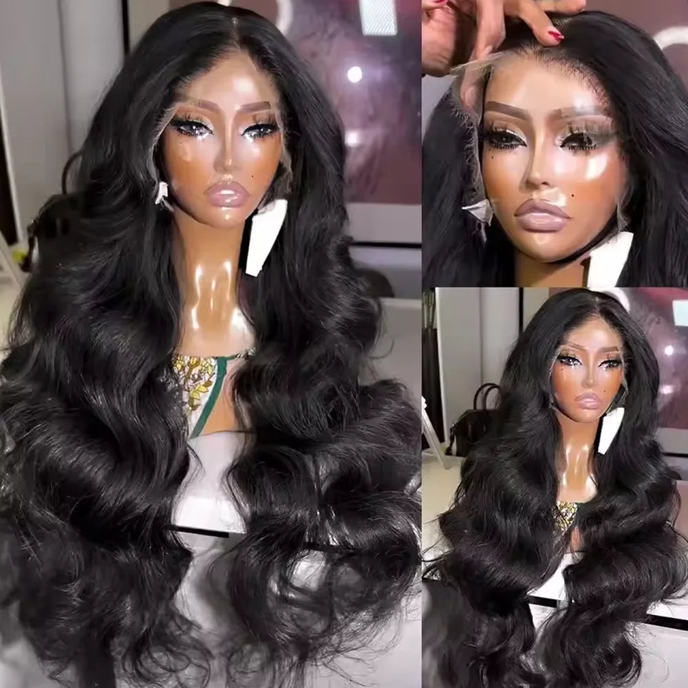 A close-up of a black Peruvian Body Wave HD Lace Front wig displayed on a mannequin.