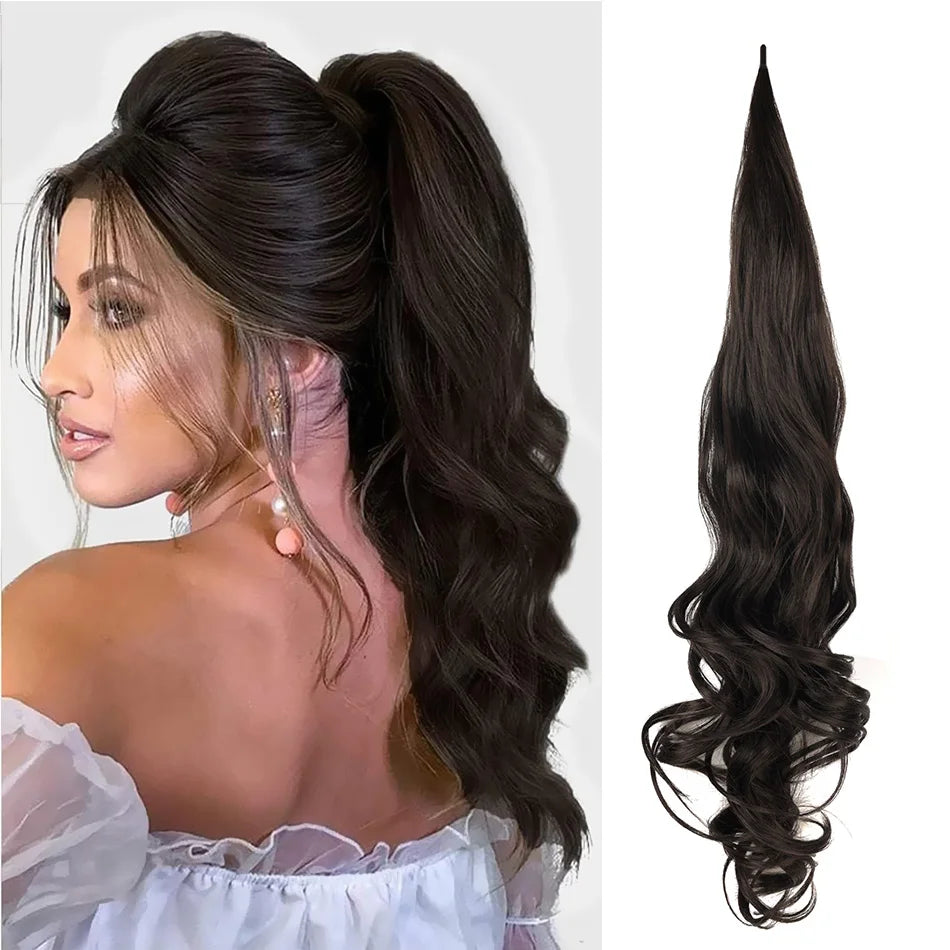 A woman shows off long, dark brown hair styled in a high ponytail with synthetic wrap around extensions.