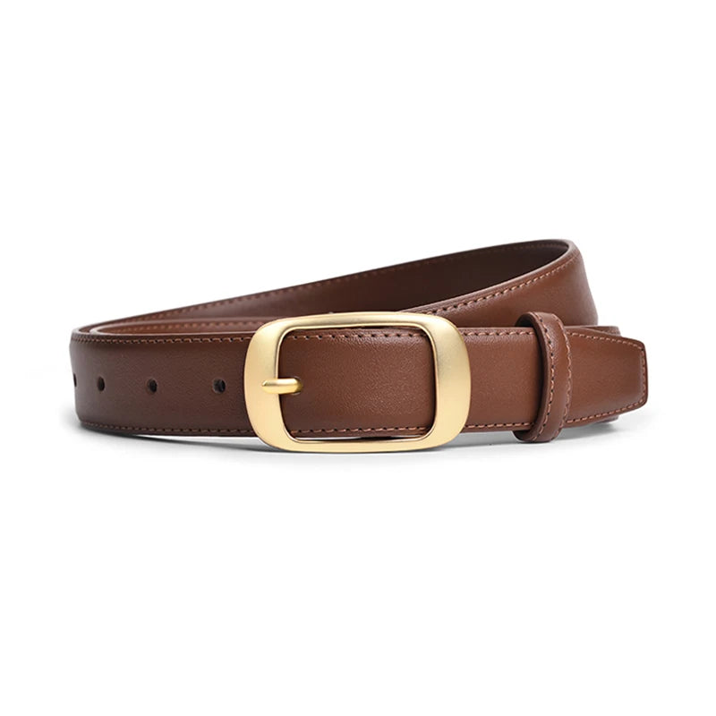 A brown leather belt with a gold-toned rectangular buckle shown from the side.