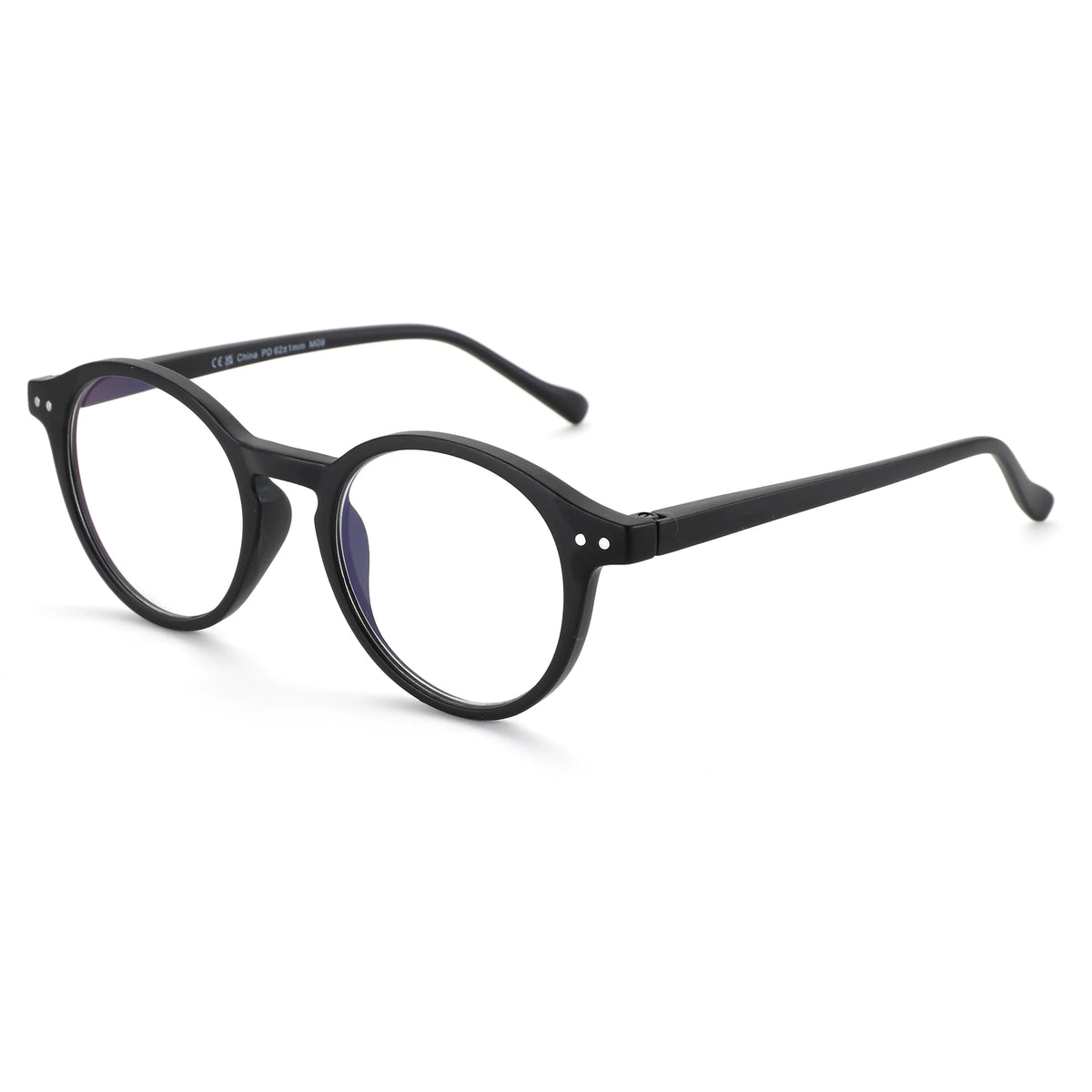 A pair of black anti-blue light reading glasses viewed from the front.