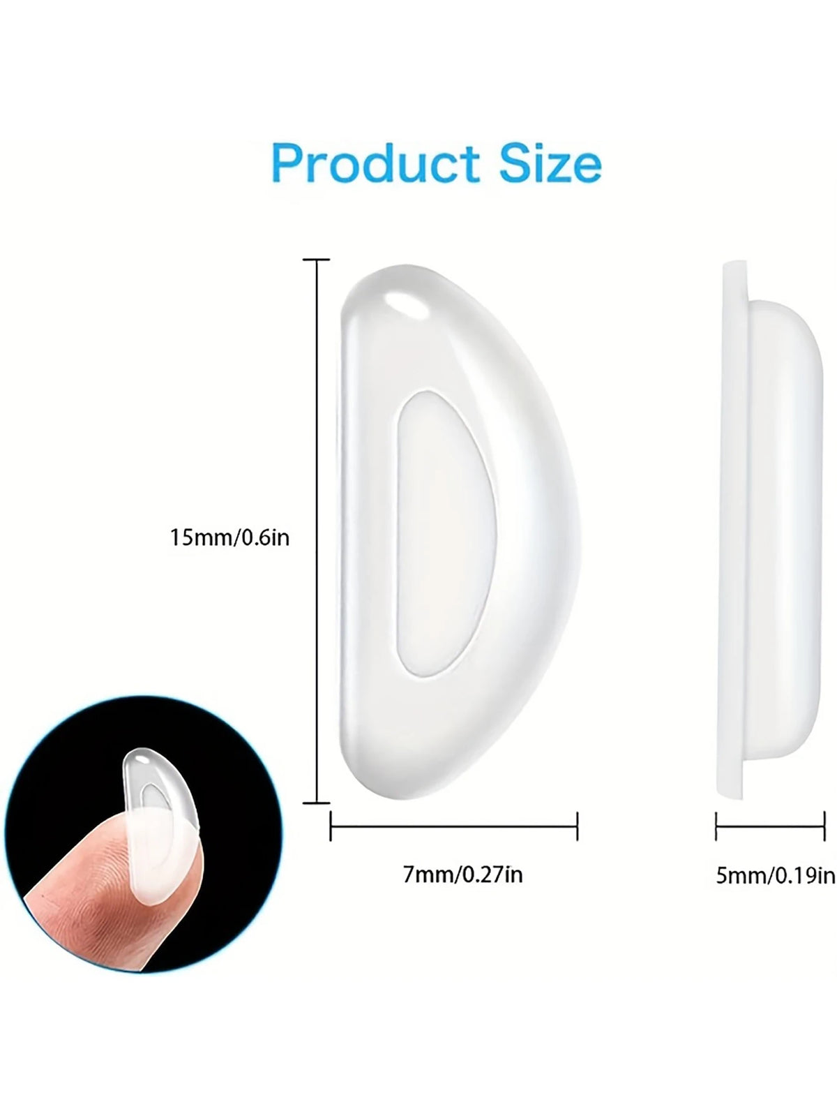 Puntas de silicona blancas antideslizantes para gafas, mostradas con medidas de tamaño.