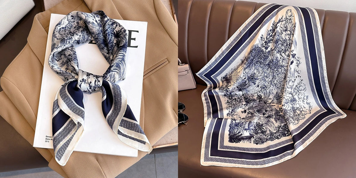 A close-up of a patterned silk scarf tied in a bow, displayed against a neutral beige jacket and a folded scarf.