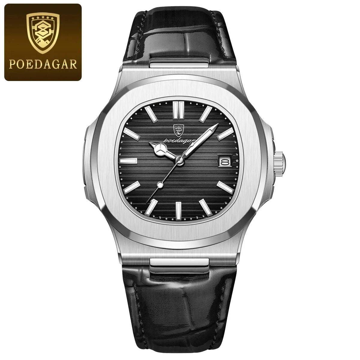 A silver-toned men's watch with a black leather strap and a dark dial featuring a prominent crown and date function.