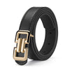 Black leather belt with a gold-tone square buckle shown on a white background.
