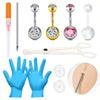 A set of 14G stainless steel belly button piercing jewelry and tools including various colored and sized implants