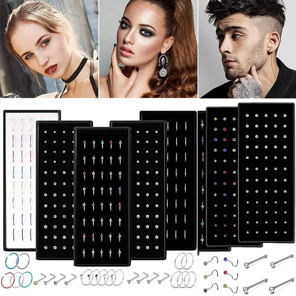 Stainless steel nose stud set for body piercing featuring various colored and shaped studs.