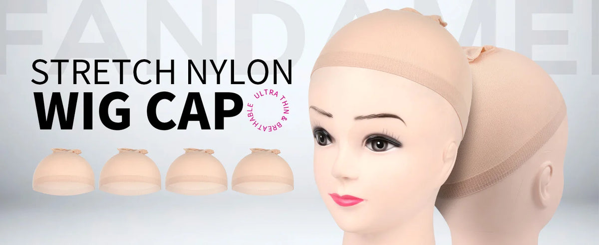 A display of two black nude stretch nylon wig caps for cosplay.