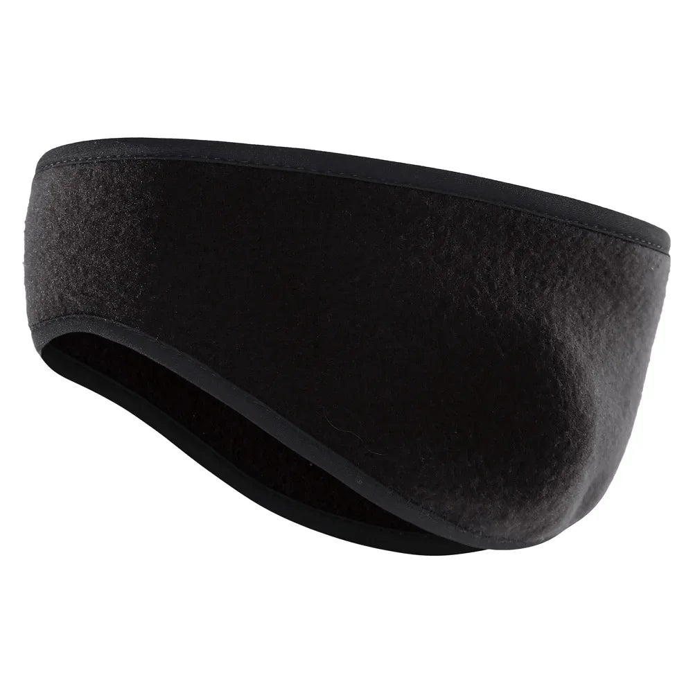 Schwarze Fleece-Windschutz-Ohrschutz für Wintersport, von der Seite gezeigt.