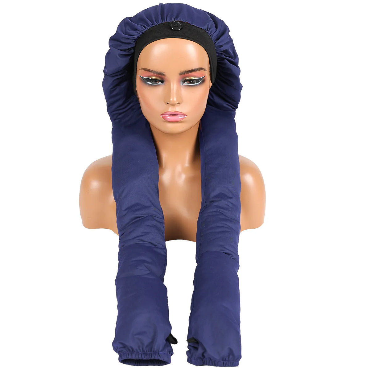A dark blue long hair sleeping bonnet set worn by a model.