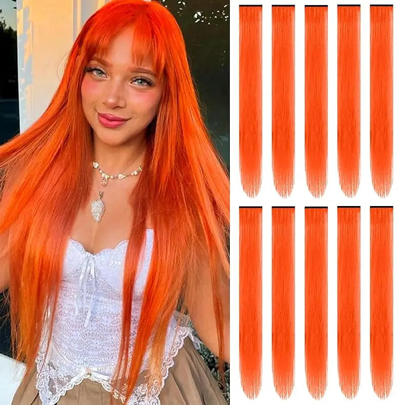 Femme aux longs cheveux orange vifs, portant un haut blanc et une jupe marron, à côté d'une exposition d'extensions de cheveu