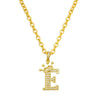 A gold-colored initial E crown pendant necklace with a delicate chain.