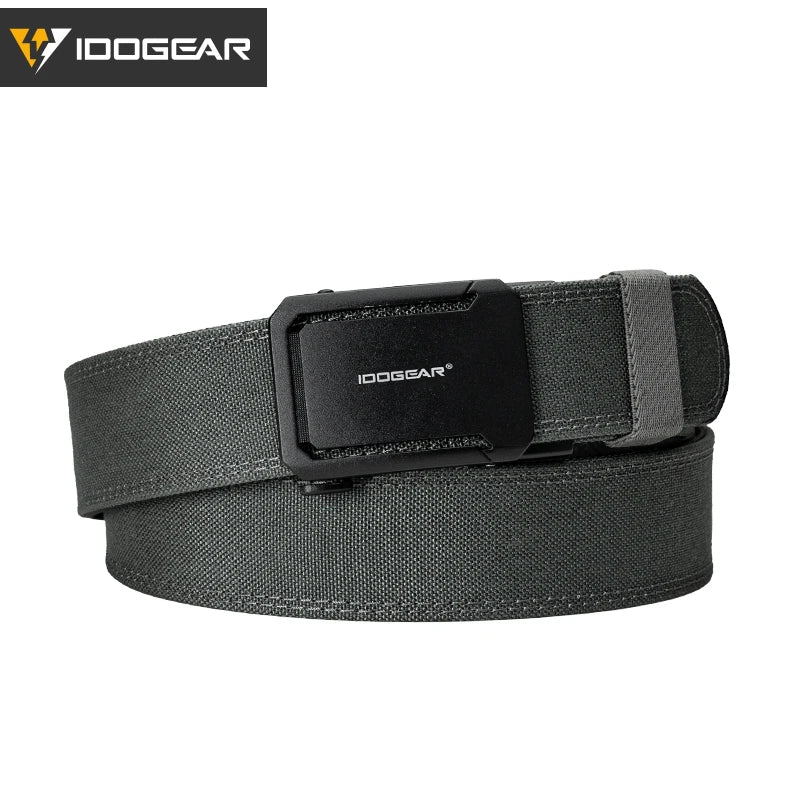 Black tactical nylon belt with a black ratchet buckle and a black strap.