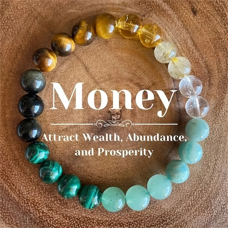 A bracelet made of natural stone beads in shades of amber, brown, and seafoam green.