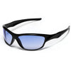 Schwarze Sonnenbrille mit dunkelblauem spiegelndem Linsen und schwarzem Rahmen.