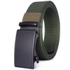 A dark green tactical canvas utility belt with a black buckle and tan strap visible.