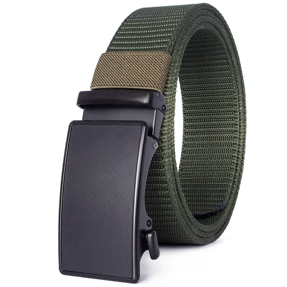 A dark green tactical canvas utility belt with a black buckle and tan strap visible.