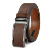 A brown leather belt with a silver automatic buckle shown from the side.