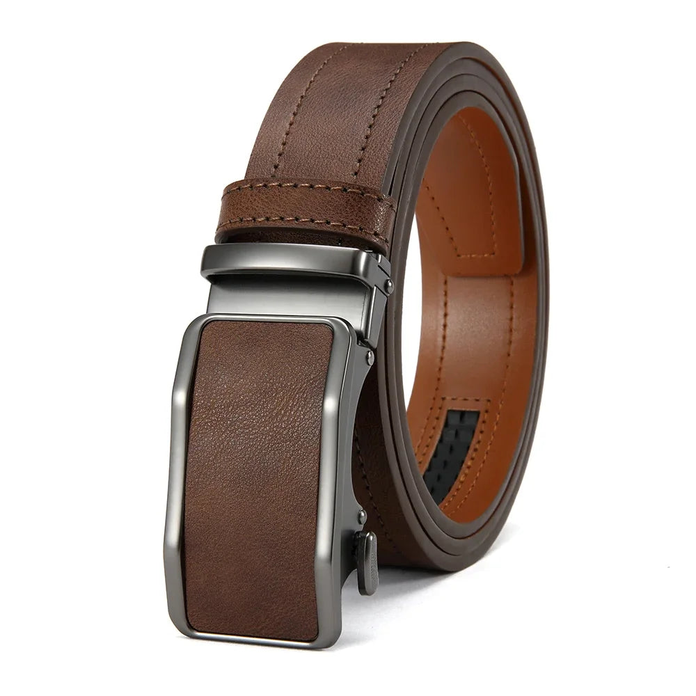 A brown leather belt with a silver automatic buckle shown from the side.