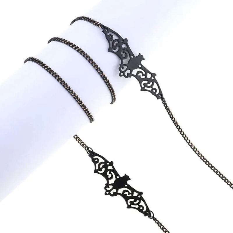 Black metal link eyeglass straps for glasses and sunglasses displayed on a white background