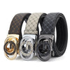 A set of men's luxury faux leather plaid waist belts in brown and black patterns with silver buckles.