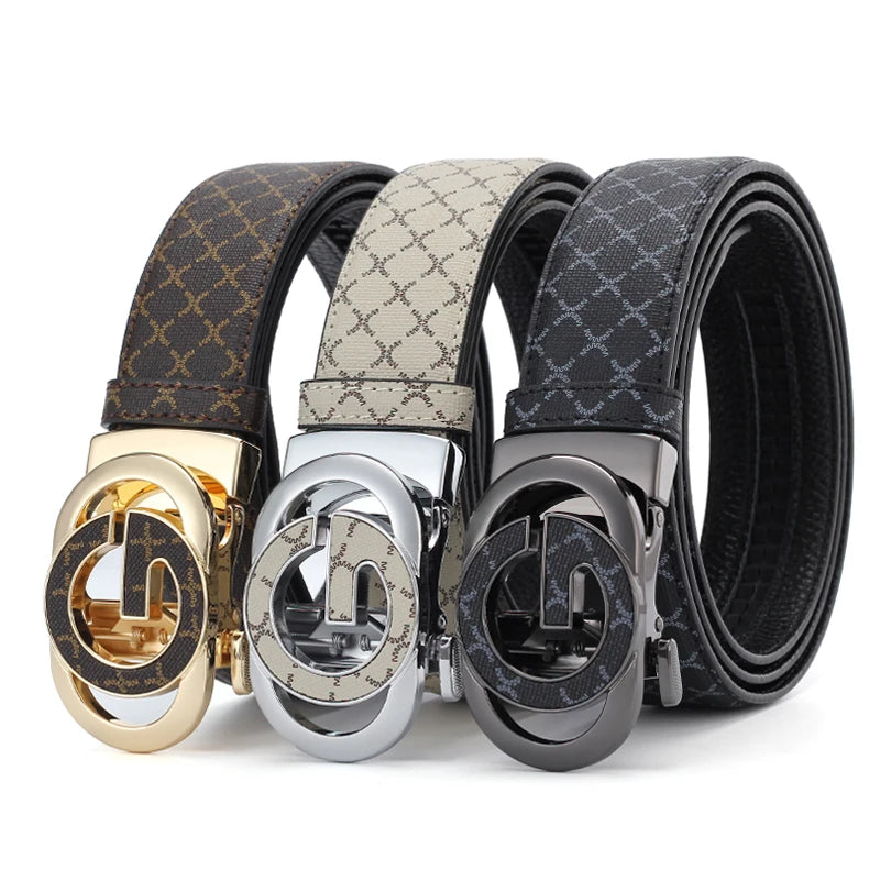 A set of men's luxury faux leather plaid waist belts in brown and black patterns with silver buckles.
