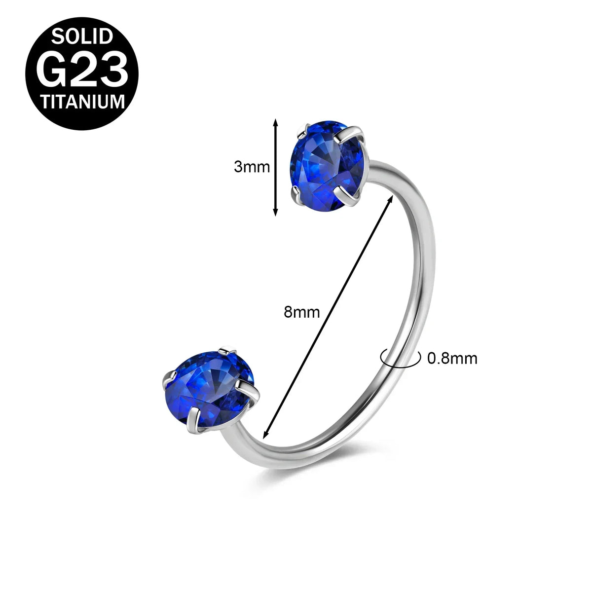 A silver titanium nose ring featuring a round blue crystal gemstone.