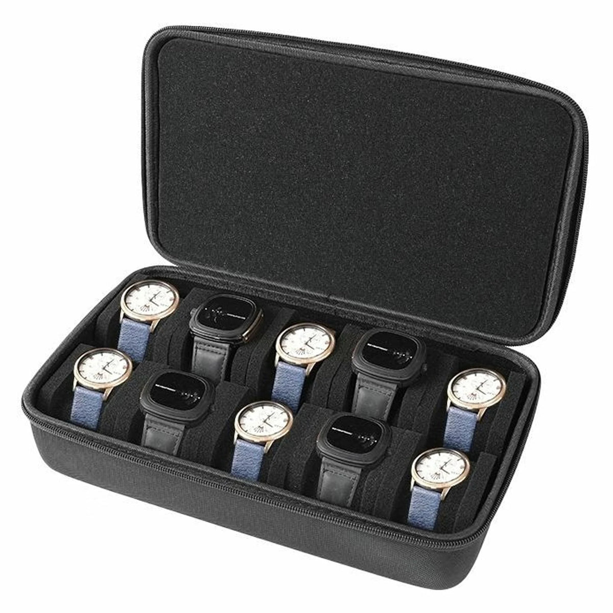 Black leather watch travel case organizer with multiple watch slots inside