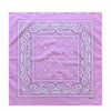 A pink cotton bandana scarf featuring intricate light purple embroidery and a repeating pattern of small white teardrop shape
