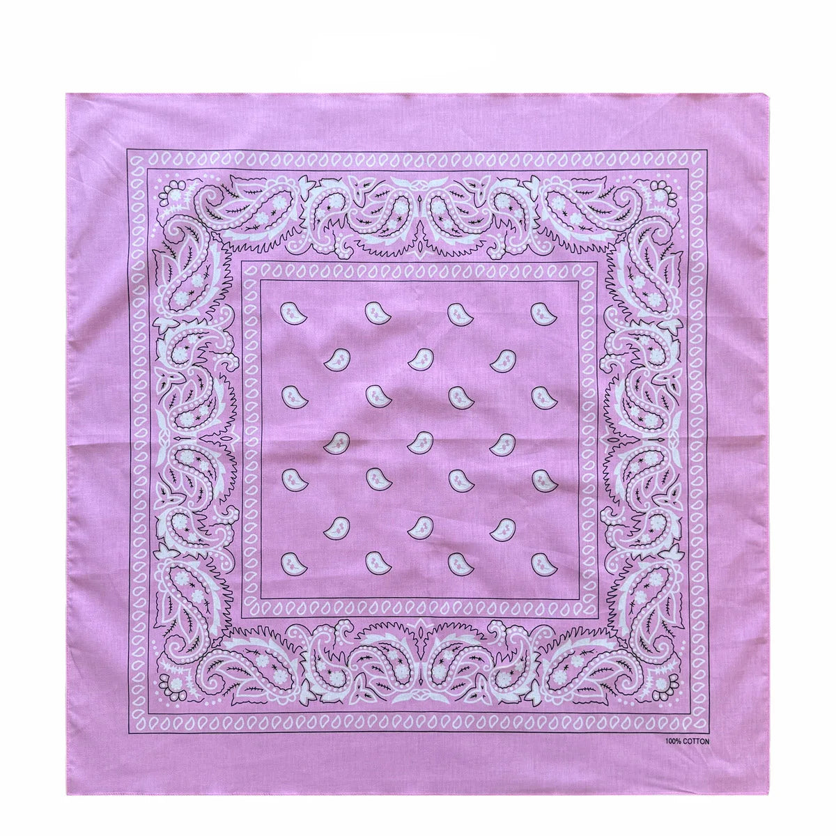 A pink cotton bandana scarf featuring intricate light purple embroidery and a repeating pattern of small white teardrop shape