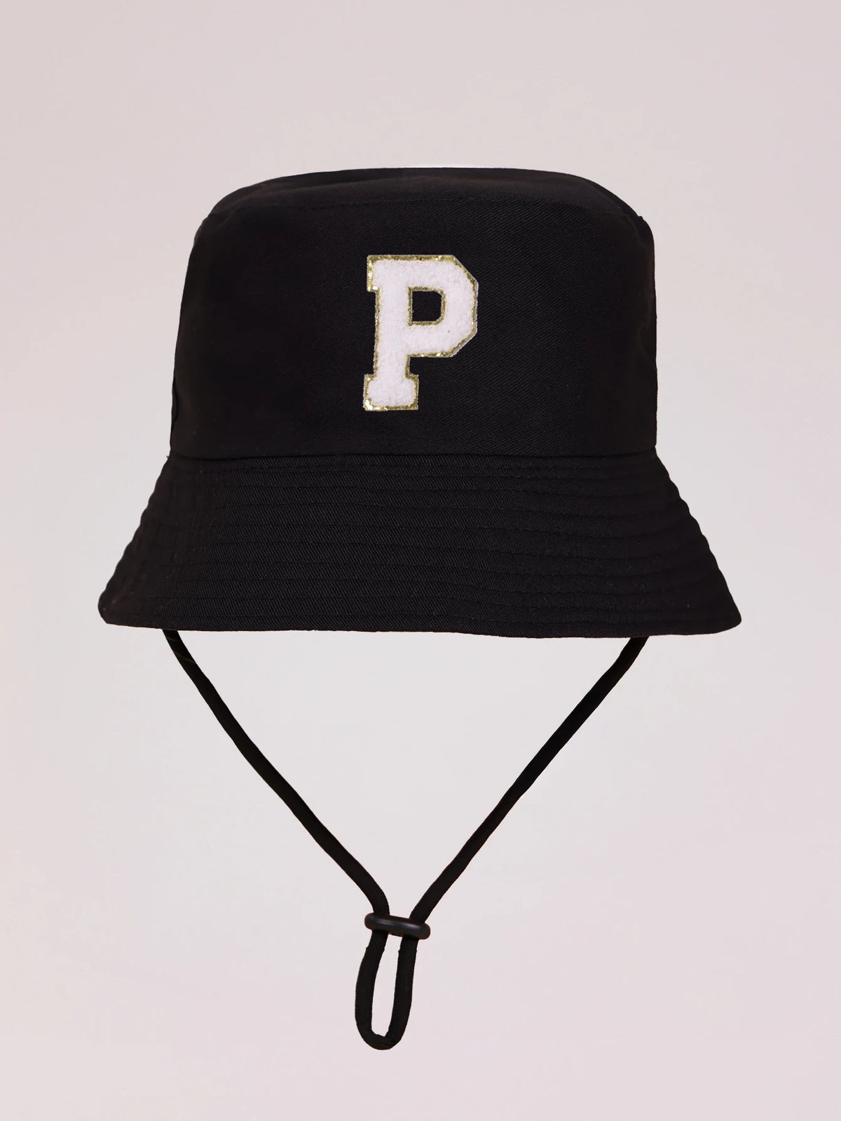 Black sun hat with a gold letter P embroidered on the front and an adjustable cord.