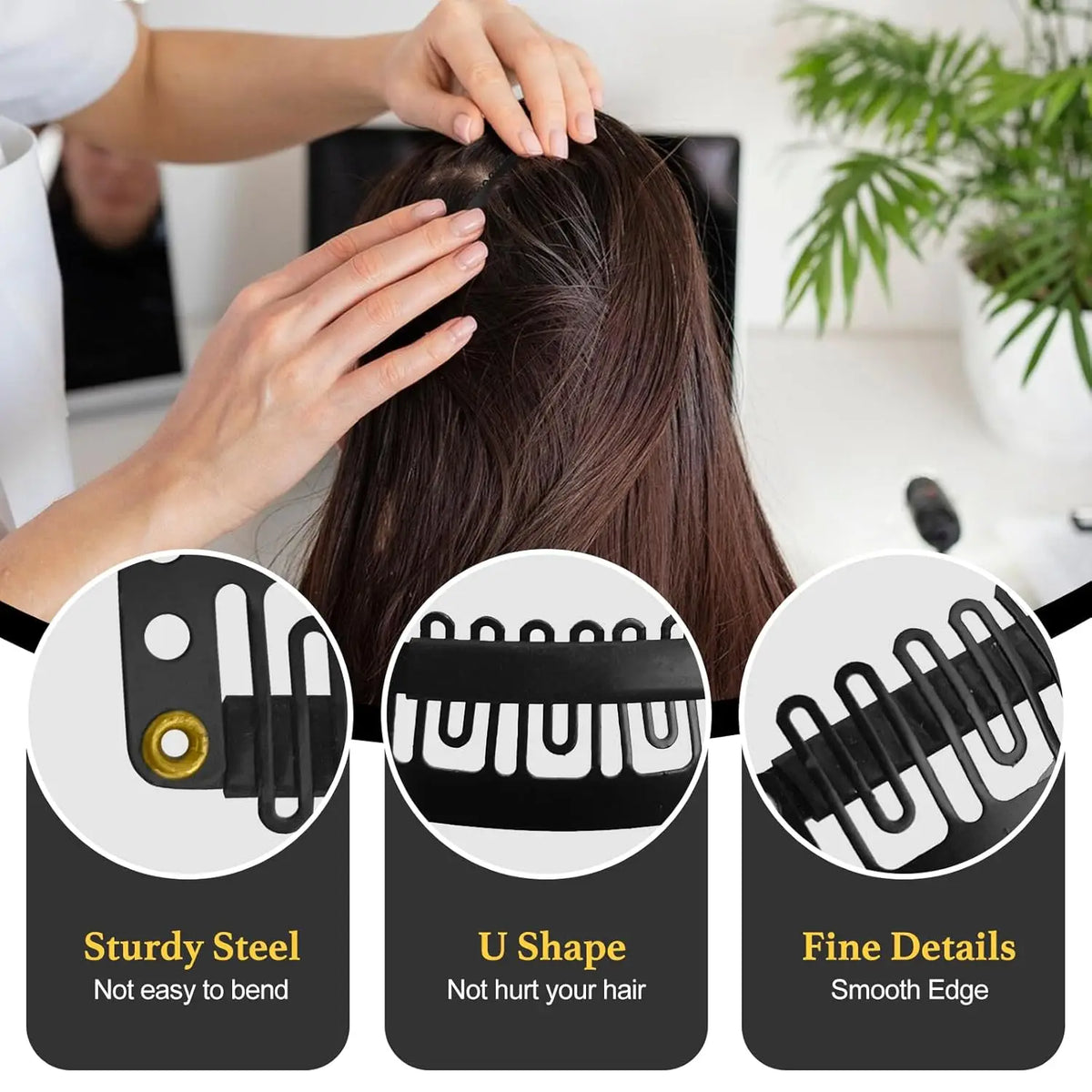 Close-up of black precision snap hair extensions for bangs showing sturdy steel U shape and fine details