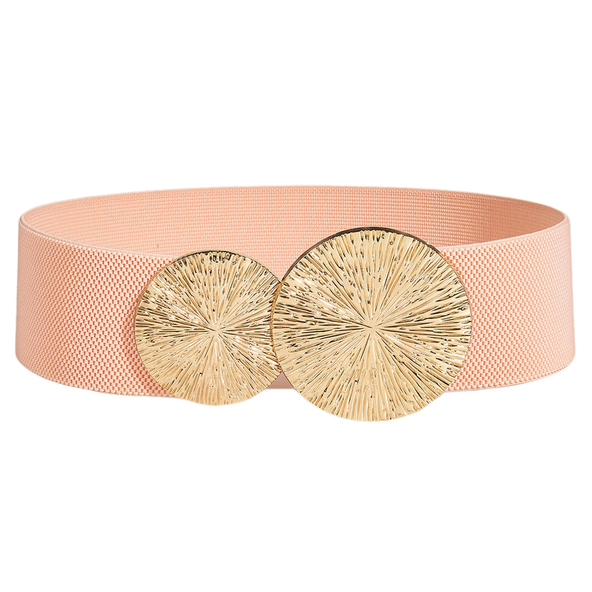 A light peach colored elastic waist belt featuring two round gold metallic embellishments.