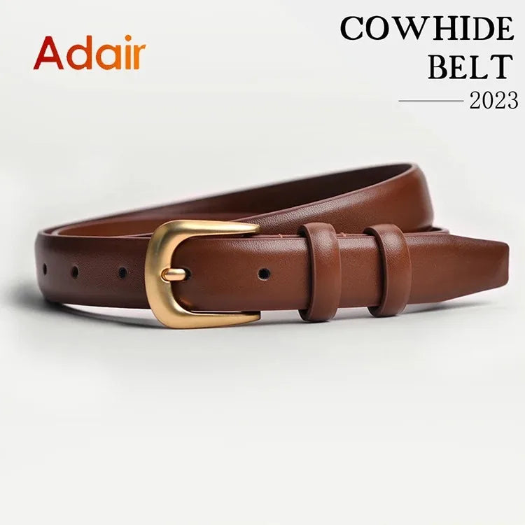 A brown cowhide belt with a gold buckle shown on a white background.